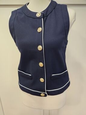 Sleeveless Navy Vest with White Piping and Gold Buttons